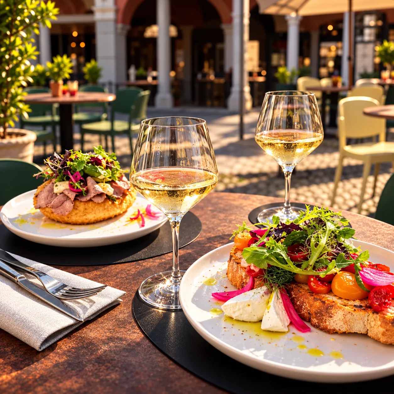 Calici di vino bianco con una tartina e un'insalata colorata sulla terrazza, nella luce calda del pomeriggio